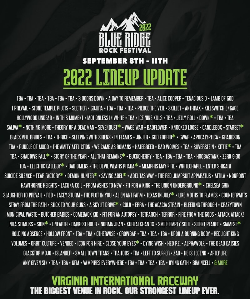 Blue Ridge Rock Festival Lineup 2022